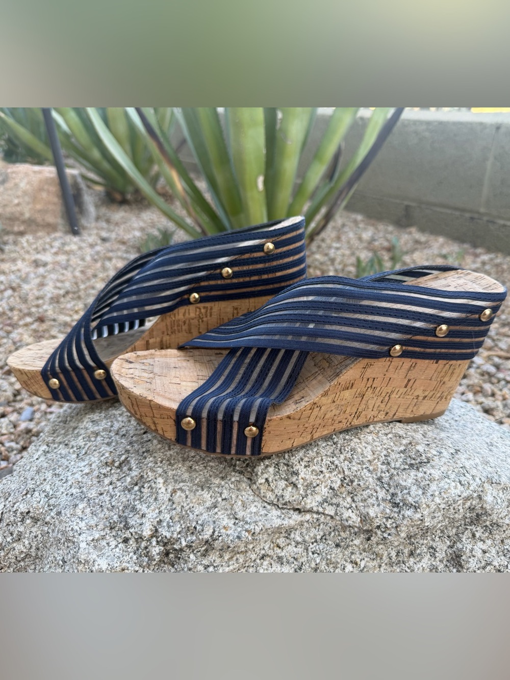 Canyon River Blues Navy Striped Cork Wedge Sandals